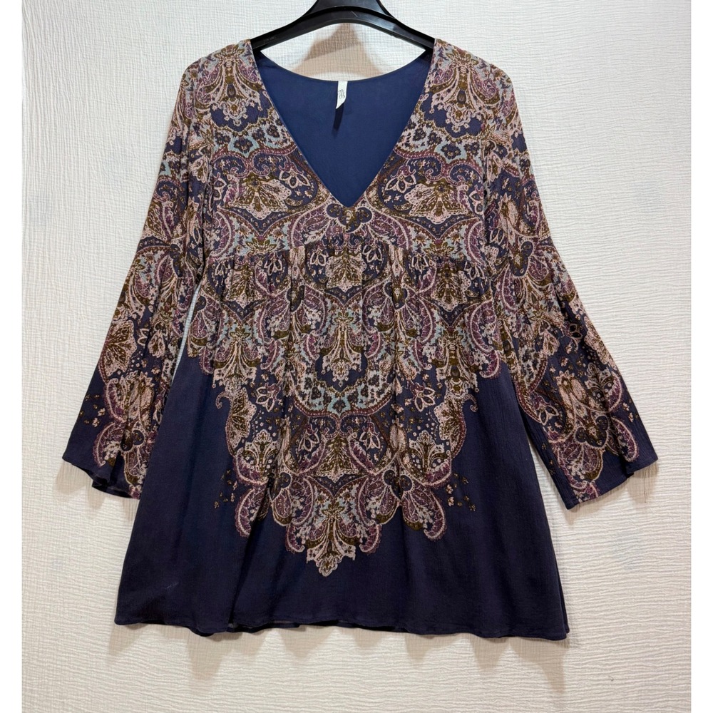 Free People Paisley‎ Bell Sleeve Mini Dress Womens Size 6 Navy Blue Boho Tunic